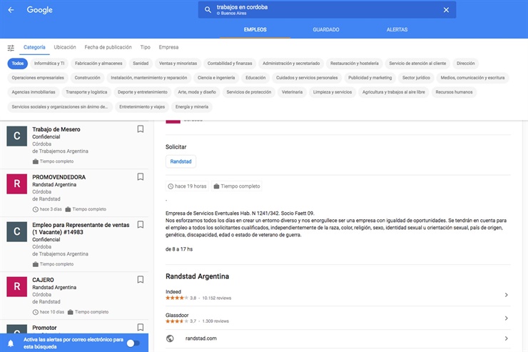 Así se ven los resultados de búsqueda de ofertas de trabajo en Google Empleos en la class=